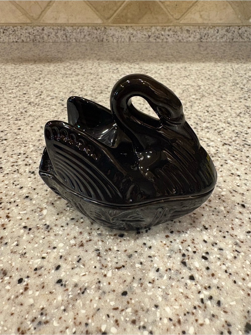Black glass swan bird trinket box with lid, decorative keepsake holder